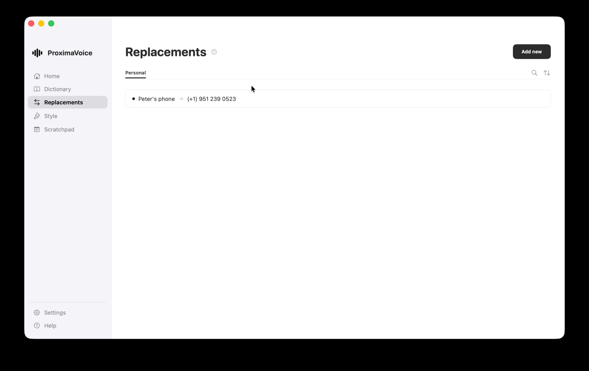 Proxima Voice text replacements settings showing custom shortcut expansions